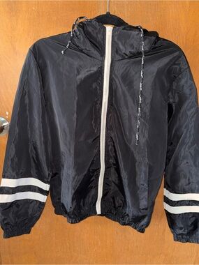 Men's Black Hooded Windbreaker Jacket with White Trim